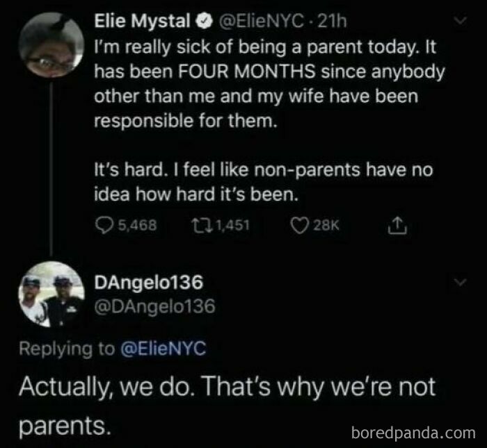 Funny screenshot of a Twitter exchange about parenting challenges, highlighting humor in daily responsibilities and distractions.