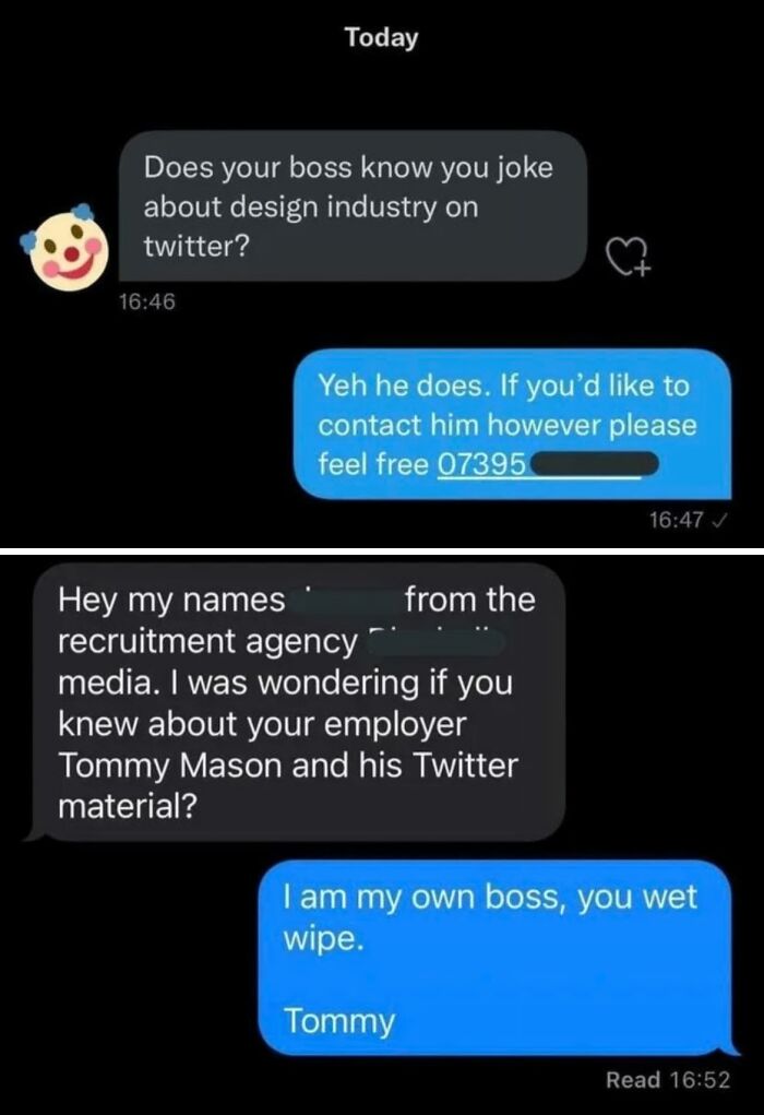 Text message exchange showing humorous replies about bosses and Twitter in a conversation related to hilarious text screenshots.