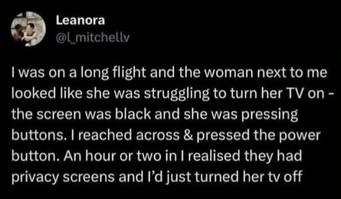 Man wearing headphones on airplane helping woman with in-flight screen, showing funny screenshots to distract from responsibilities.