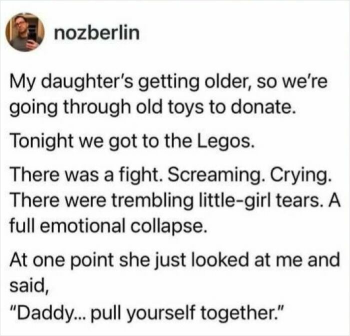 Funny screenshot of a father having an emotional meltdown over donating his daughter's Legos, with kids comforting him.