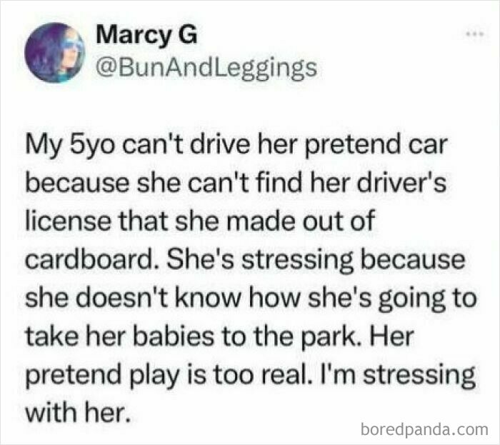 Toddler girl sitting in a toy car, accompanied by a funny screenshot about a child's pretend driver’s license.