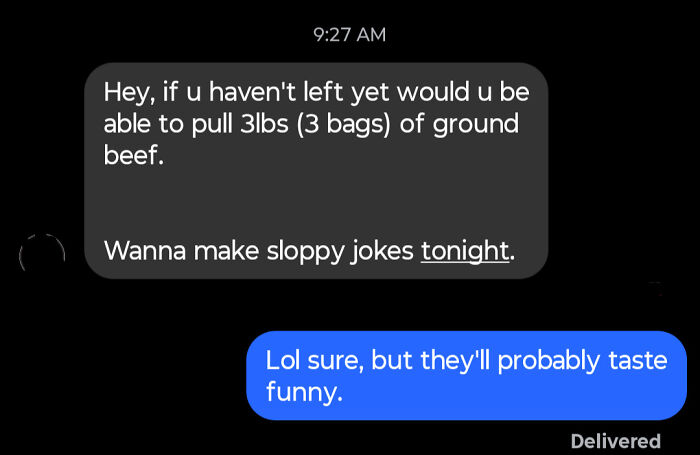 Text message conversation showing a request for ground beef and a pun about making sloppy jokes.