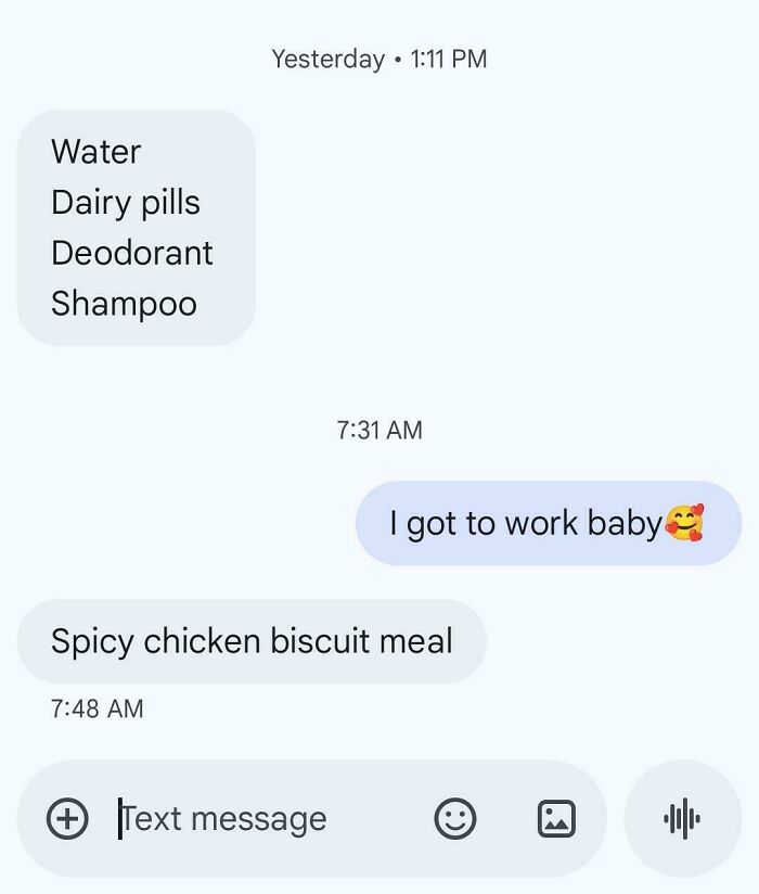 Text conversation showing humorous shopping list and message exchanges, illustrating hilarious texts people needed to screenshot.