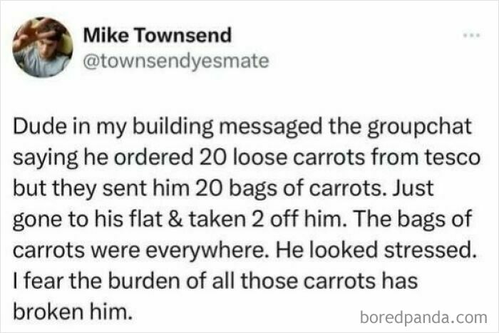 Stressed man surrounded by piles of carrots with a humorous tweet about a carrot delivery mix-up, funny screenshots.