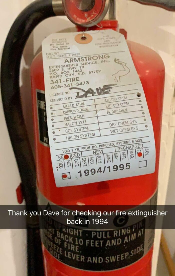 Fire extinguisher service tag from 1994 highlighting work moments related to safety and inspection.