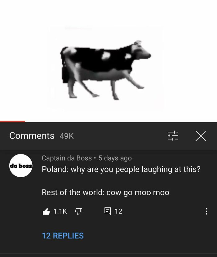 Screenshot of a social media comeback comment under a low-resolution cow image with high user engagement.