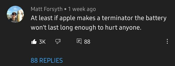 Social media comment with a witty comeback about Apple and Terminator battery life, gaining 3K likes and 88 replies.