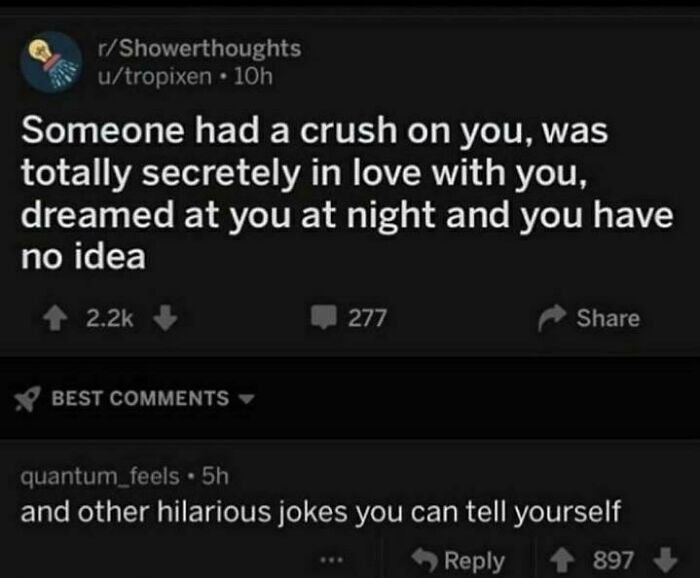 Reddit post from r/Showerthoughts with a sarcastic comment, showcasing some of the best comebacks and comments from social media.