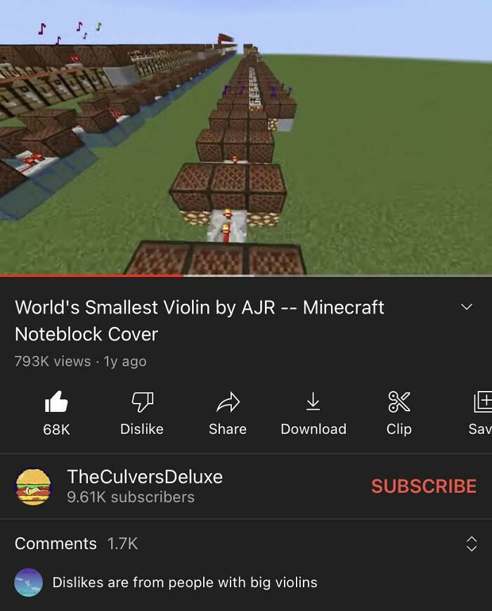 Minecraft note block music setup with a witty social media comeback comment displayed below the video.