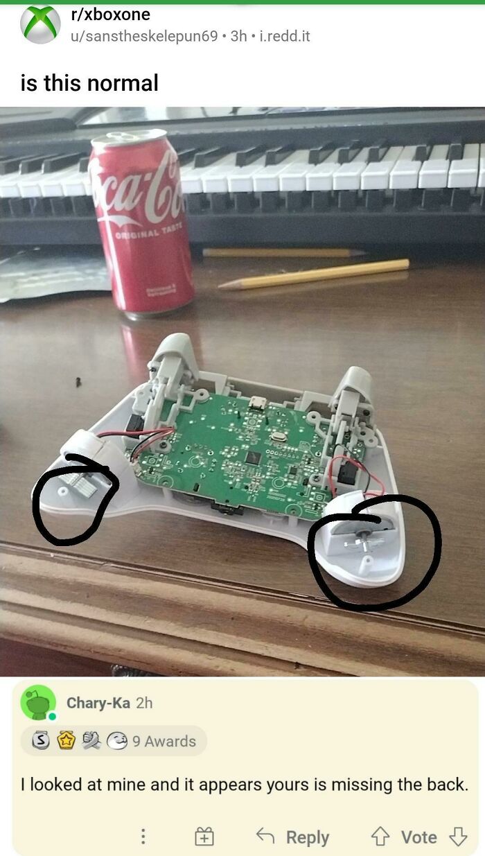 Xbox controller disassembled on a table with social media comment highlighting a missing back piece in a funny comeback.