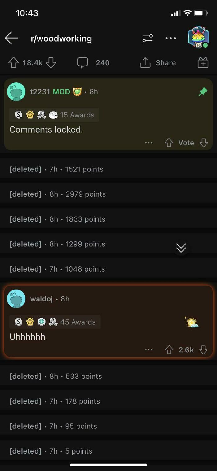 Reddit post in woodworking subreddit showing locked comments and a top awarded short comeback with many deleted replies.
