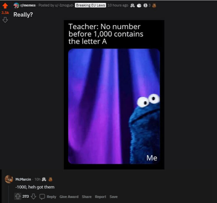 Social media comeback meme with Cookie Monster reacting to a teacher’s statement about numbers and the letter A.