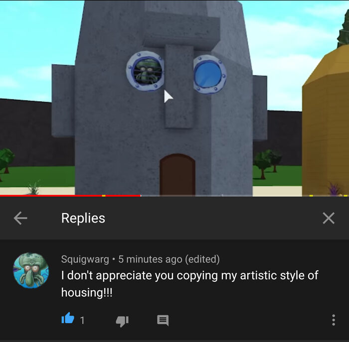 Comment featuring a social media comeback about copying an artistic style of housing with a cartoon character avatar.