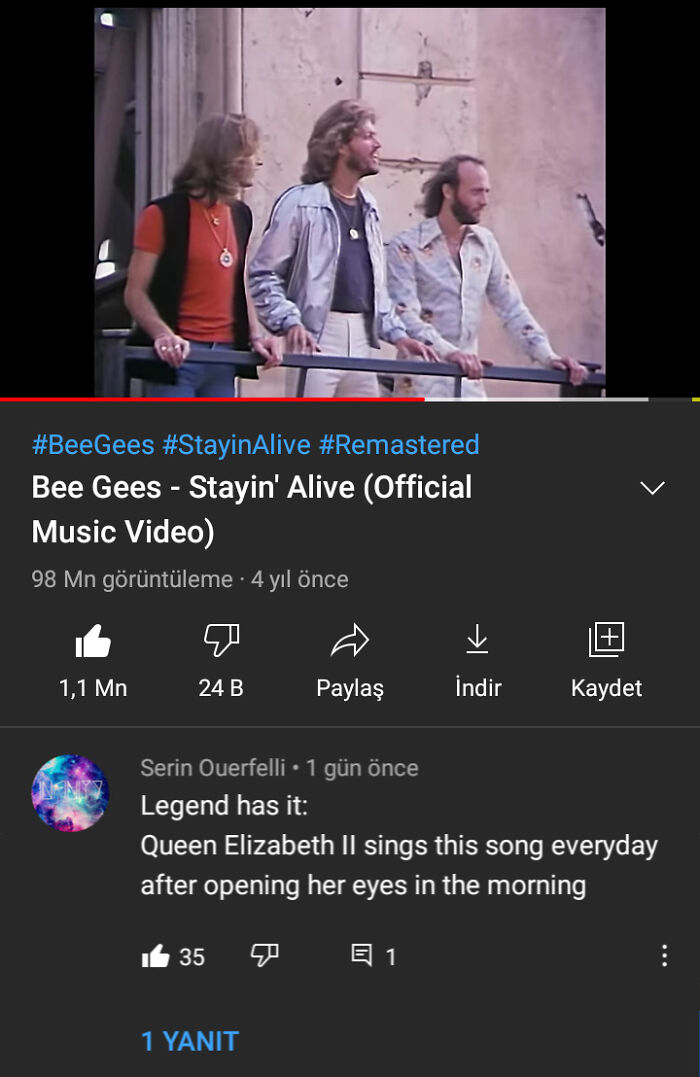 Comments from social media under Bee Gees Stayin' Alive video showcasing best comebacks and user interactions.