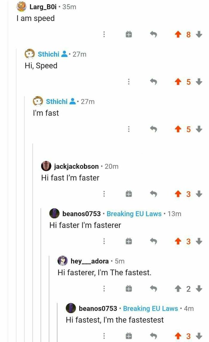 Reddit thread showing funny social media comebacks with users playfully competing to be the fastest.