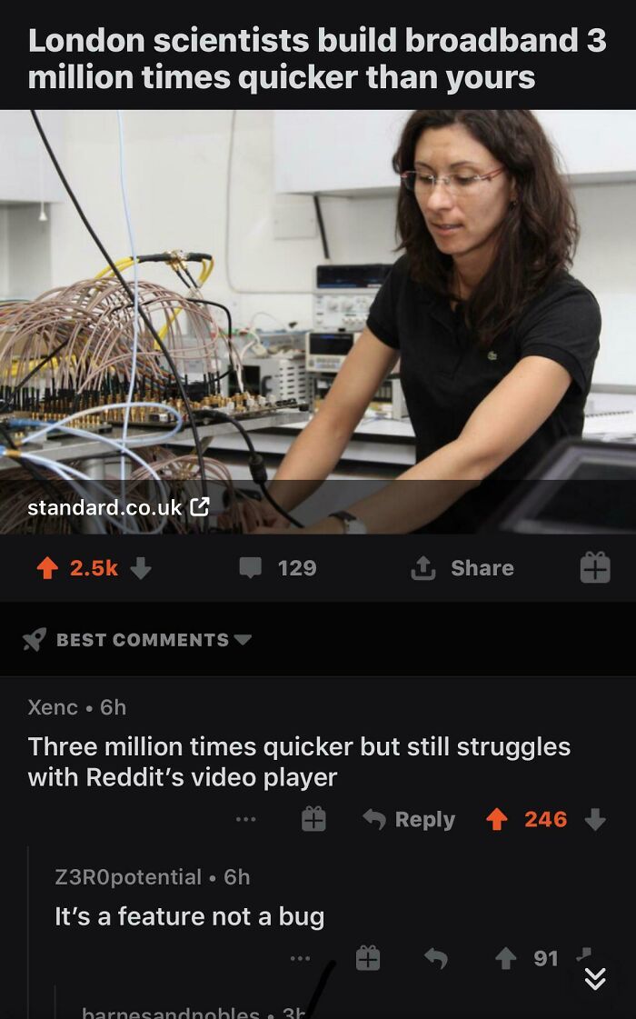 Scientist working on broadband technology with social media comebacks and comments displayed below about speed issues.