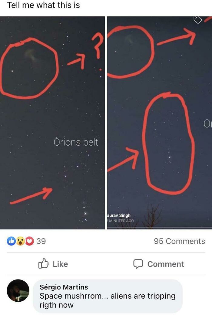 Social media post showing a nighttime sky with circled stars and a funny comment about aliens tripping.