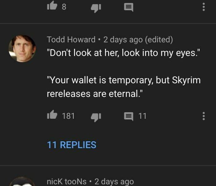 Comment mentioning Skyrim rereleases as eternal with a witty social media comeback and multiple likes.