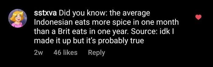 A witty social media comment about spice consumption with likes and a heart reaction, showing a popular comeback.