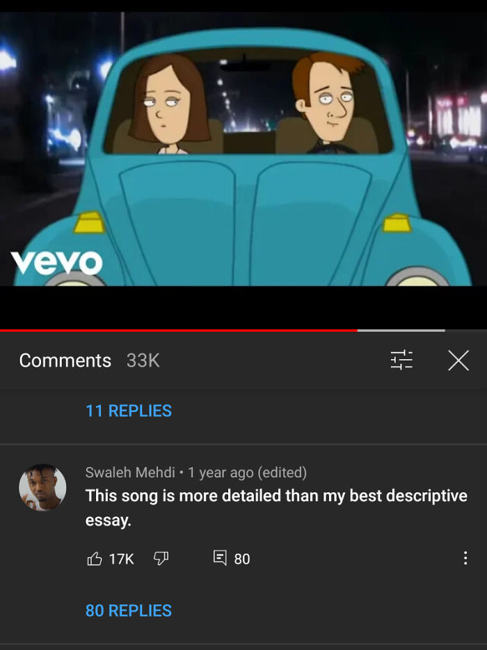 Animated characters driving a blue car in a social media post featuring popular comebacks and comments.
