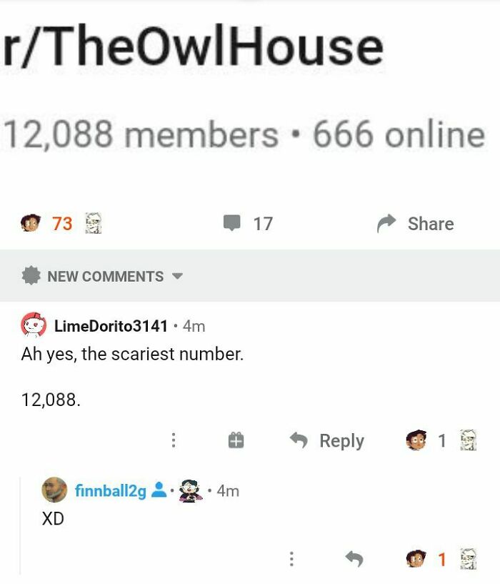 Reddit thread from r/TheOwlHouse with social media comments featuring one calling 12,088 the scariest number.