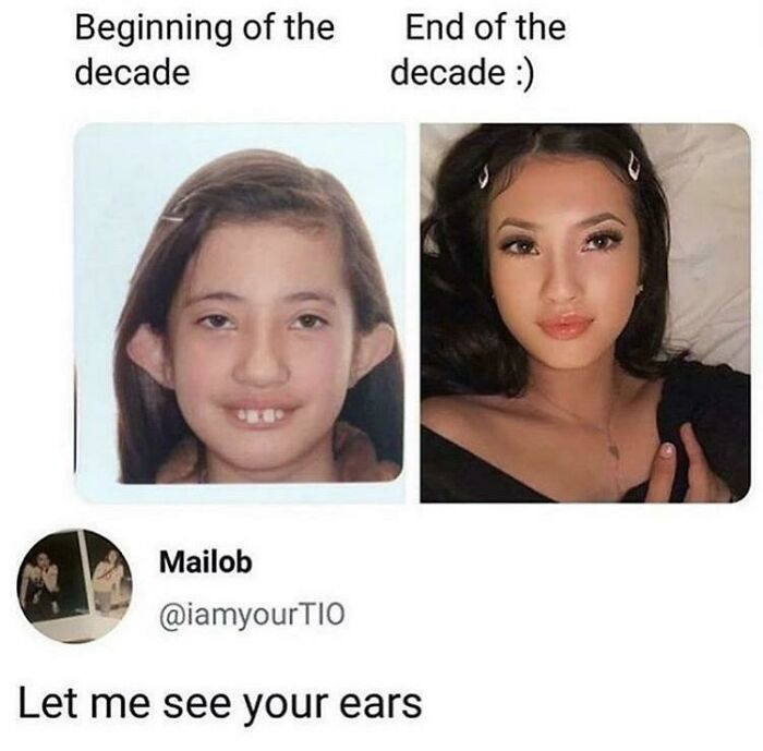 Before and after photos of a woman showing a humorous social media comeback about ears and appearance.