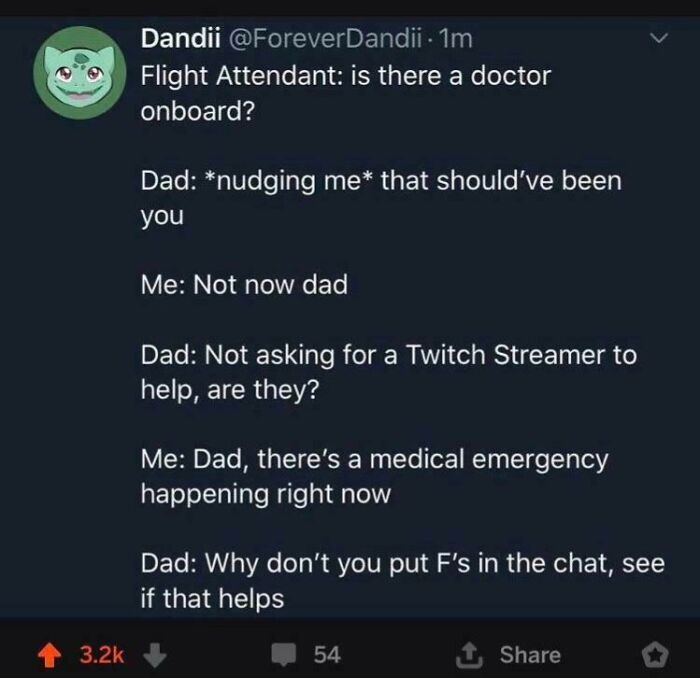Social media post showing a funny dad and child conversation with witty comebacks and comments in a Twitch streaming context.