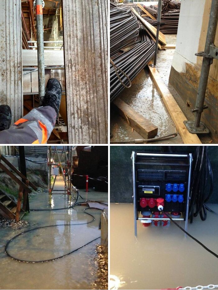 Construction site showing reckless work moments with unsafe flooring, water hazards, and exposed electrical equipment.