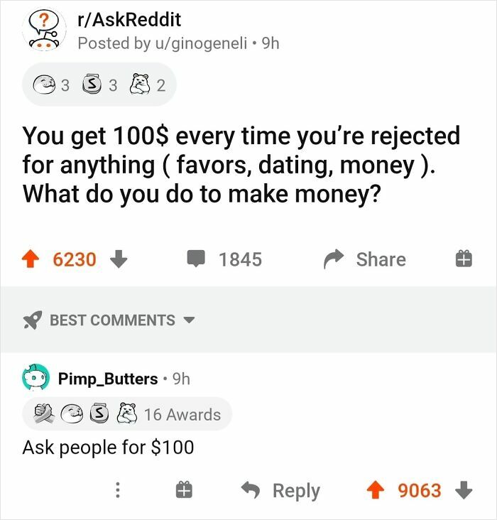Reddit post showing a humorous social media comeback comment about making money after rejection.