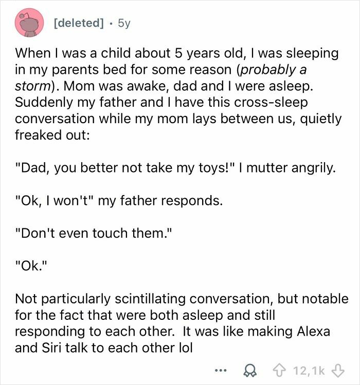 Reddit post sharing a funny conversation heard during sleep, highlighting humorous sleep talk experiences.