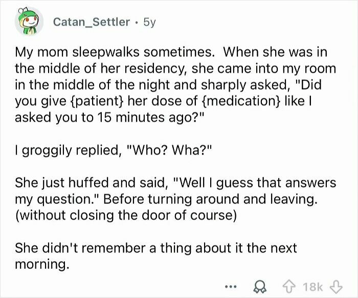 Sleepwalking mom asks about medication dose in middle of night, sharing one of the funniest things heard someone say in their sleep.