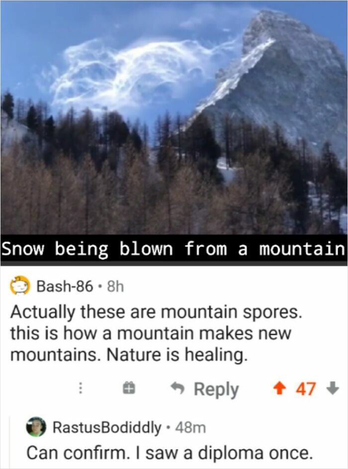 Mountain with snow being blown and social media comments showing witty comebacks and humorous remarks.