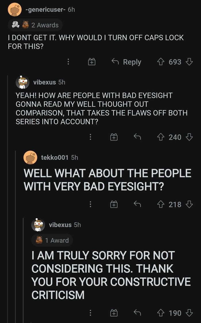 Reddit thread showing witty social media comebacks about bad eyesight in well thought out comments.