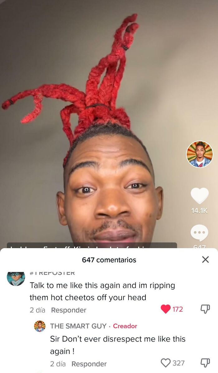 Young man with red dreadlocks styled upward, sharing social media comebacks and comments in a TikTok video screenshot.