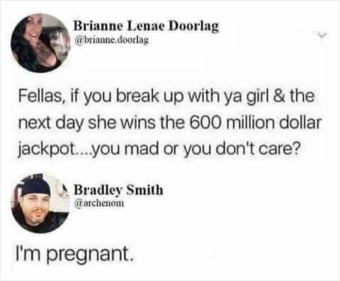 Social media comment exchange featuring a humorous comeback about breaking up and winning a jackpot.