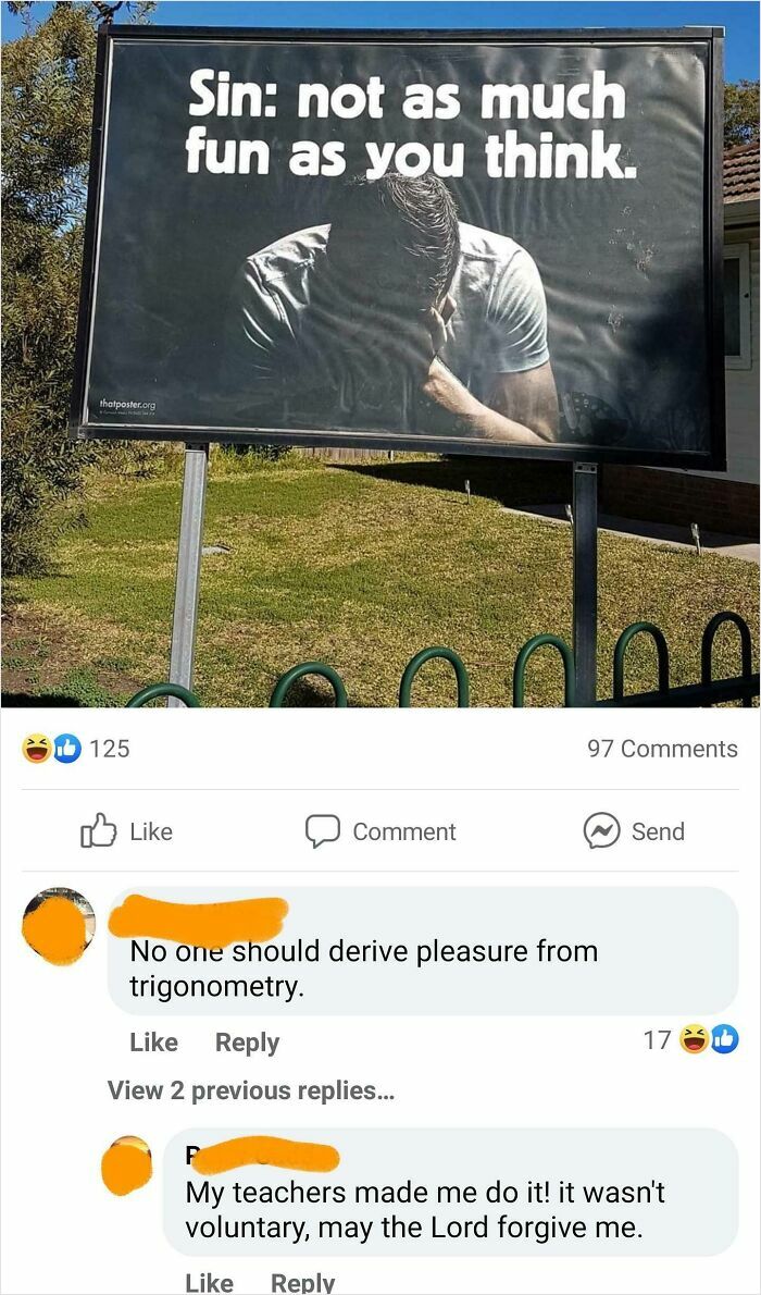 Billboard with text about sin and social media comment about trigonometry comeback in a humorous online conversation.