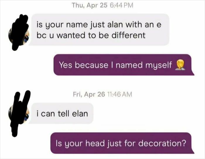Funny dating app screenshot showing a playful conversation about a unique name and a witty comeback message.