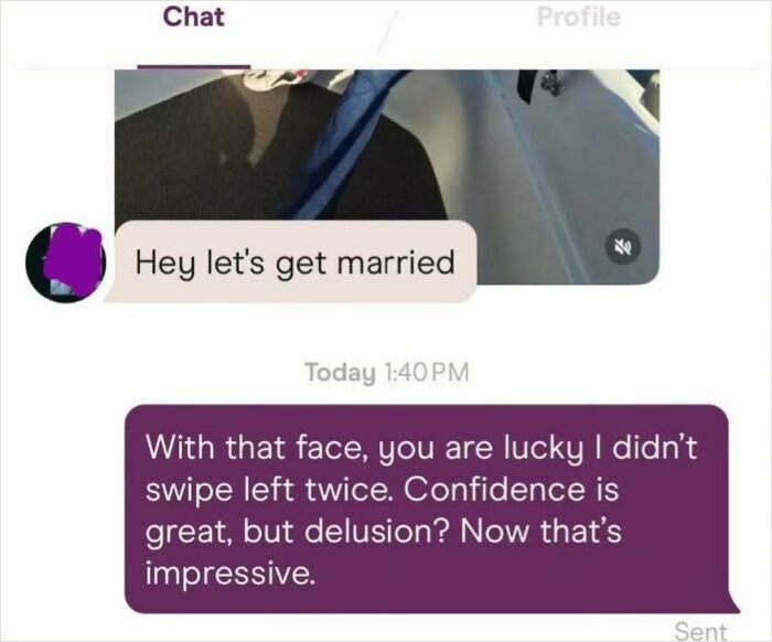 Funny dating app screenshot showing a bold marriage proposal and a sarcastic confident reply in a chat conversation.