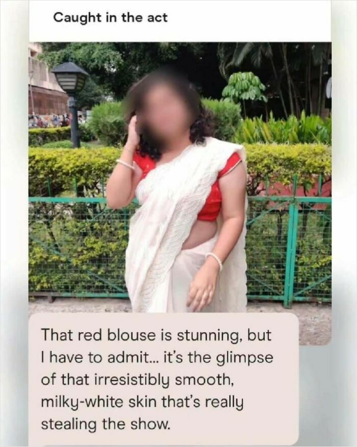 Woman in a red blouse and white saree with caption from a funny dating app screenshot highlighting her smooth milky-white skin.