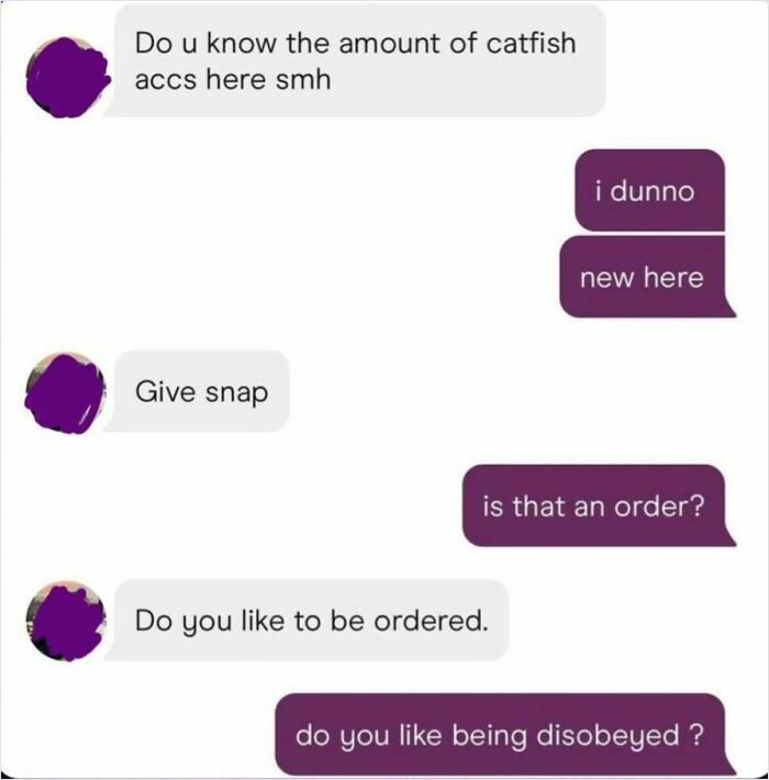 Funny dating app screenshot showing playful conversation about catfish accounts and orders on a dating platform.