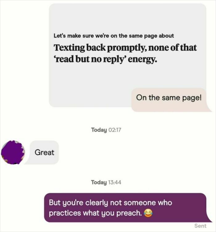 Funny dating app screenshot showing a conversation about texting back promptly and read but no reply energy.