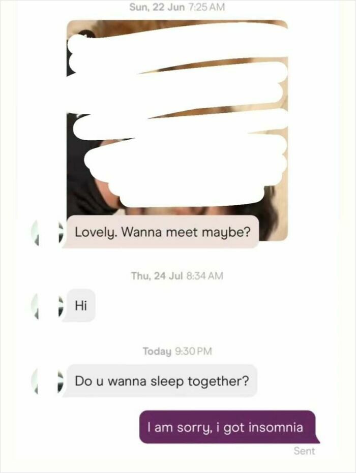 Funny dating app screenshot showing a humorous chat about meeting and sleeping together with an insomnia reply.