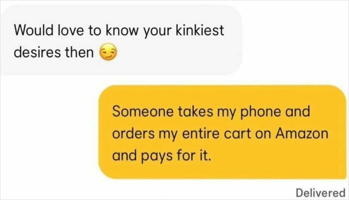 Funny dating app screenshot showing a playful message about kinky desires and an unexpected Amazon order response.
