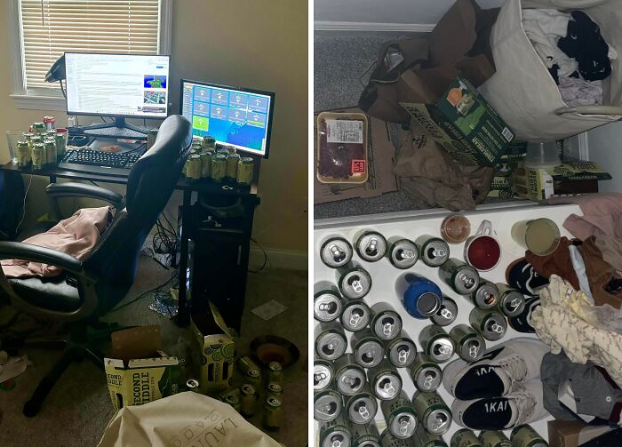 Cluttered messy room with many empty cans and clothes showing jerks roommates would want to live alone.