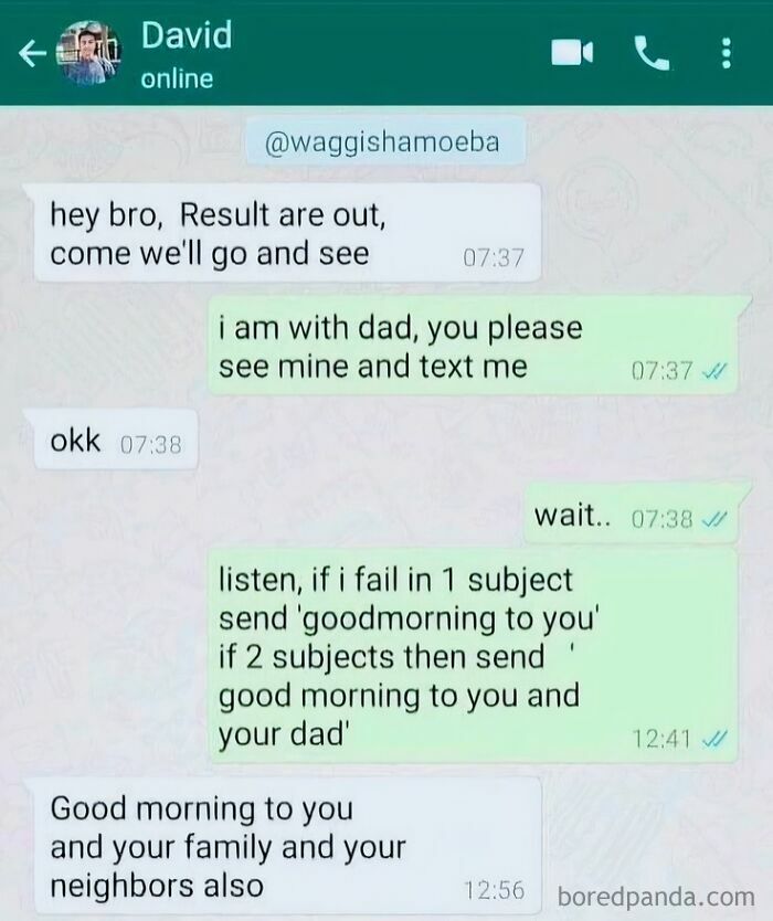 WhatsApp chat showing a funny dad joke about exam results and sending good morning messages based on subjects failed.