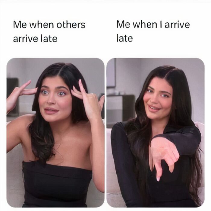 Woman making expressive faces comparing reactions to others arriving late versus herself arriving late, funny dad joke post.