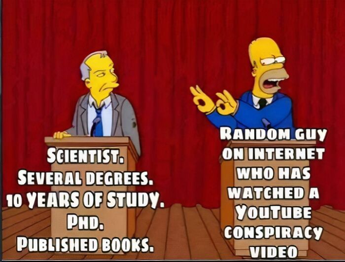 Funny dad joke meme showing a debate between a scientist and a random guy from a YouTube conspiracy video.