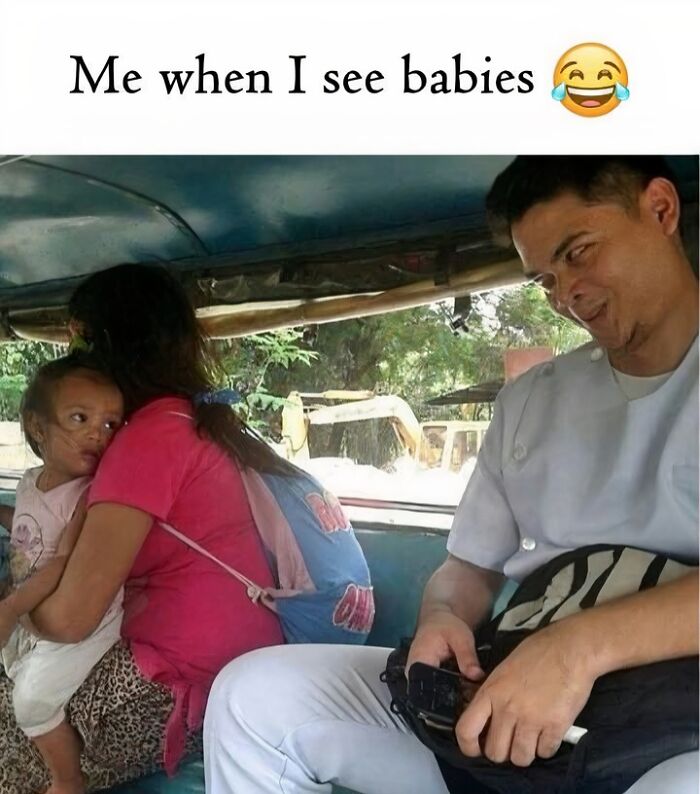 Man making a funny face looking at a baby with the text Me when I see babies, a funny dad joke post.