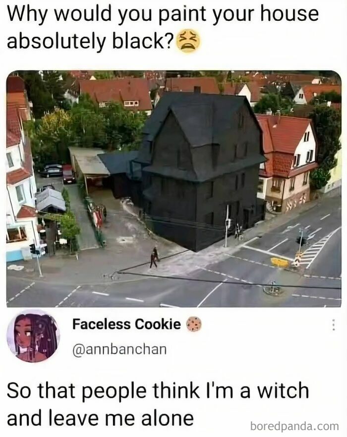 House painted completely black with a joke about being a witch, featured in funny dad joke posts from a Facebook group.