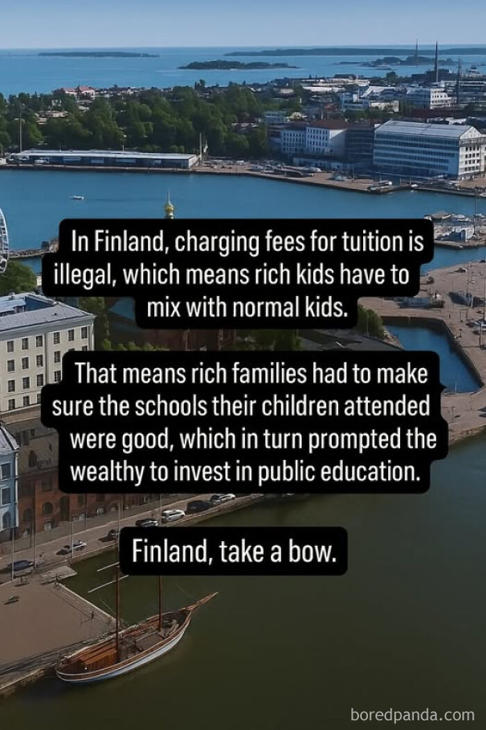 A waterfront city in Finland with a post about education fees and wealthy families investing in public education.